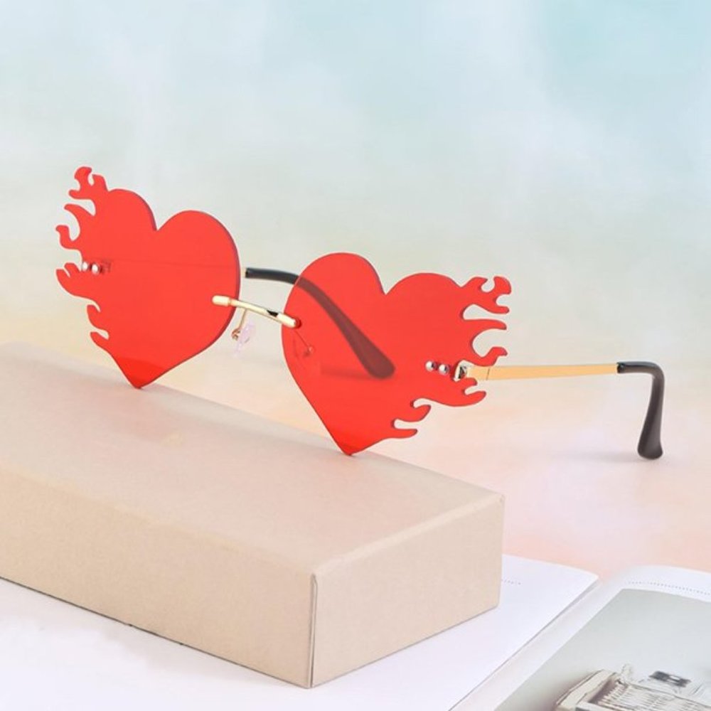 Red Melting‎ Flame Heart Sunglasses Rimless Glasses Womens, Summer Lover